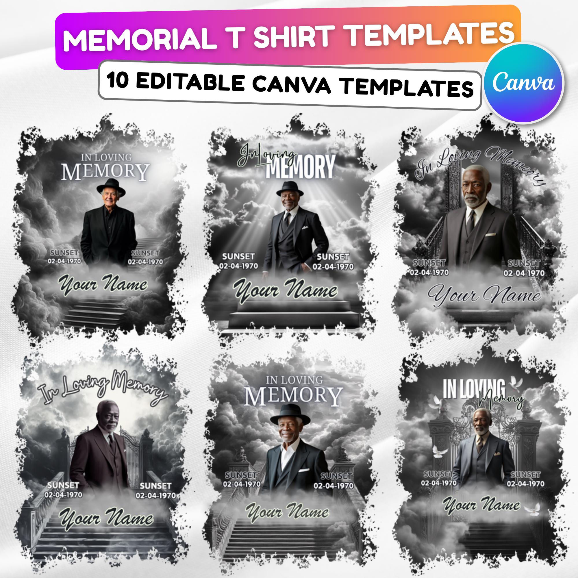 10 In Loving Memory Black T Shirt Canva Editable Templates, Memorial Editable Template, Rest In Peace Designs, Funeral & Celebration of Life - Editable Memorial Canva Template