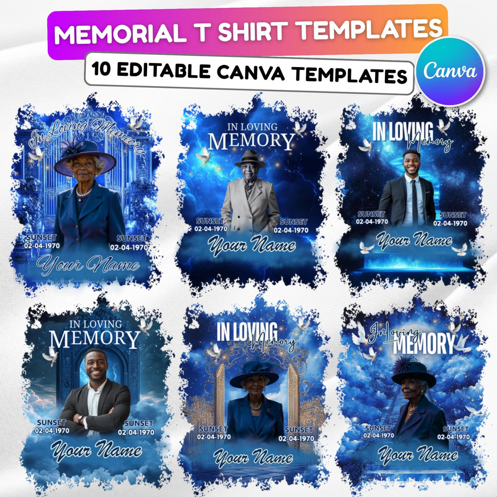 10 In Loving Memory Blue T Shirt Canva Editable Templates, Memorial Editable Template, Rest In Peace Designs, Funeral & Celebration of Life - Editable Memorial Canva Template