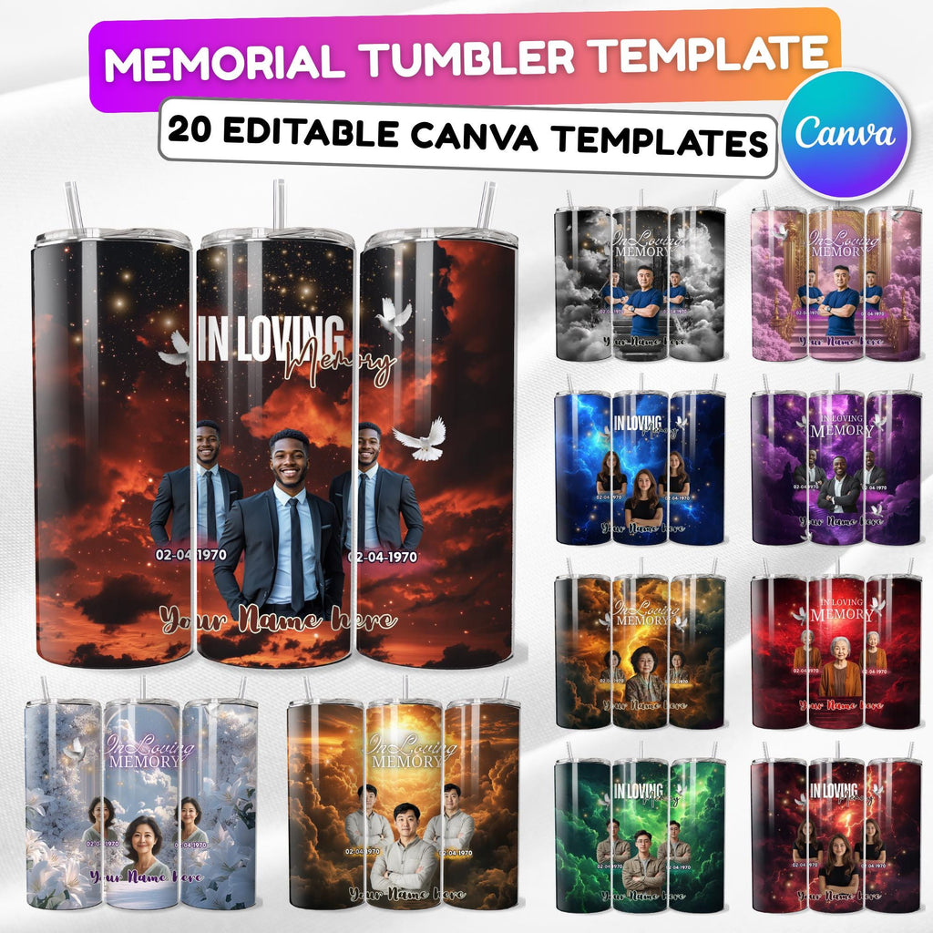 20 Memorial Tumbler Canva Editable Template Bundle, In Loving Memory Tumbler Template, Memorial Tumbler, Add your Own Photo Canva Tumbler - Editable Memorial Canva Template