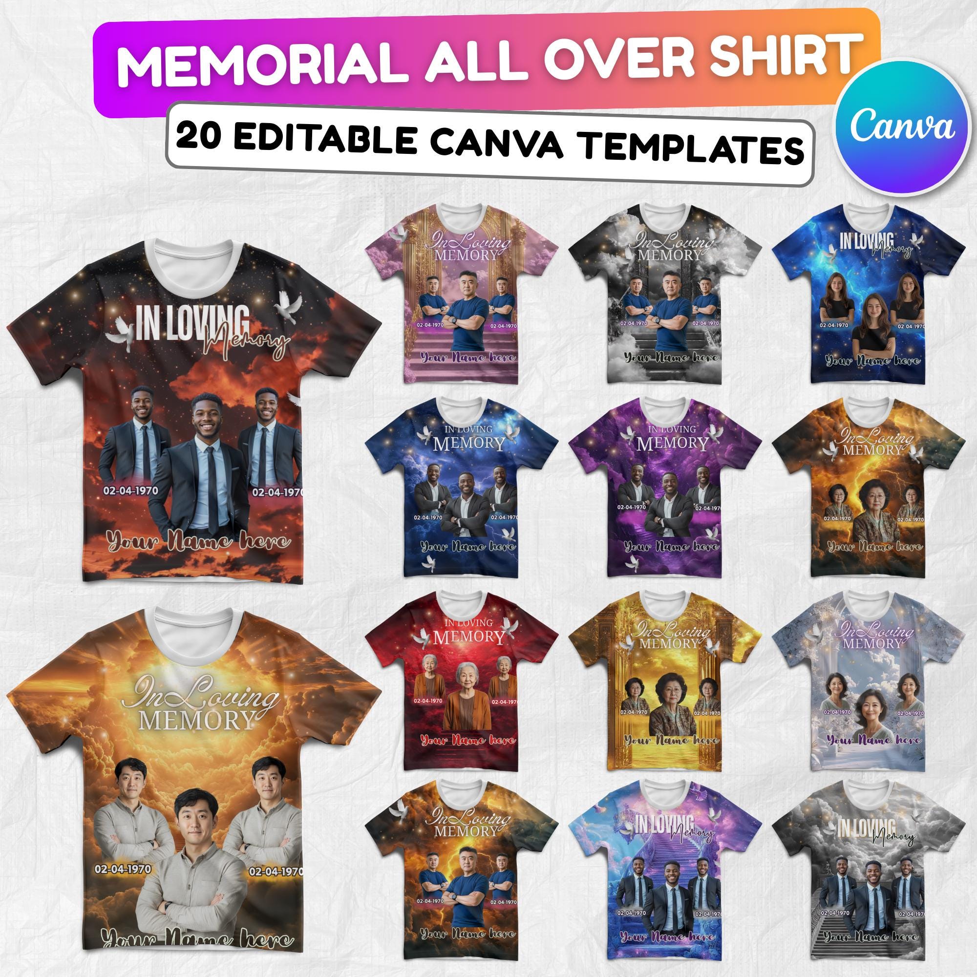 20 In Loving Memory Canva Editable All Over T Shirt Templates, In Loving Memory Template, Rest in Peace, Memorial Editable Shirt Design - Editable Memorial Canva Template