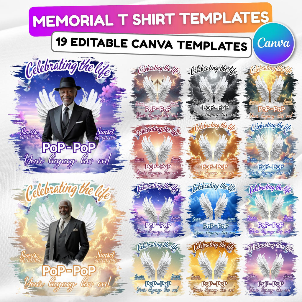19 Celebrating Of Life Canva Editable T Shirt Templates, In Loving Memory Template, Rest in Peace, Memorial Template, Digital Download - Editable Memorial Canva Template
