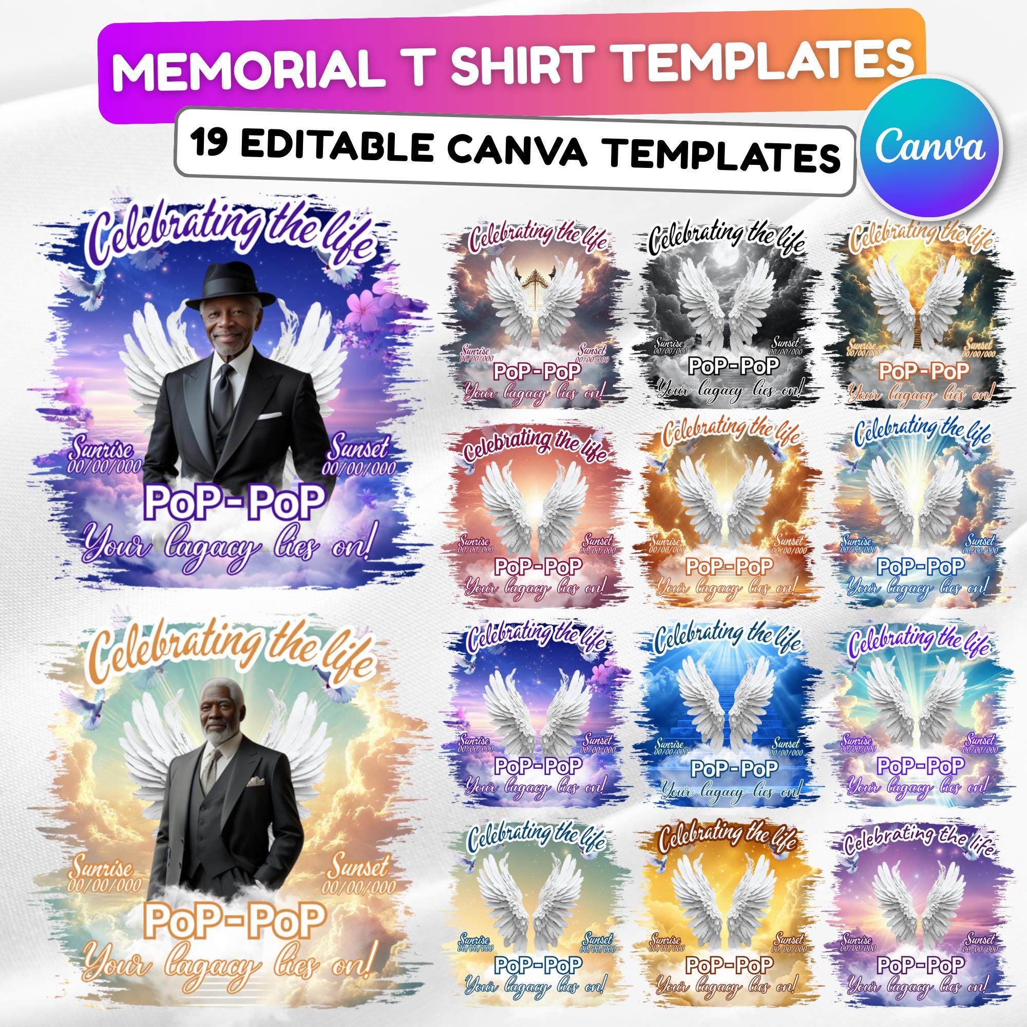 19 Celebrating Of Life Canva Editable T Shirt Templates, In Loving Memory Template, Rest in Peace, Memorial Template, Digital Download - Editable Memorial Canva Template