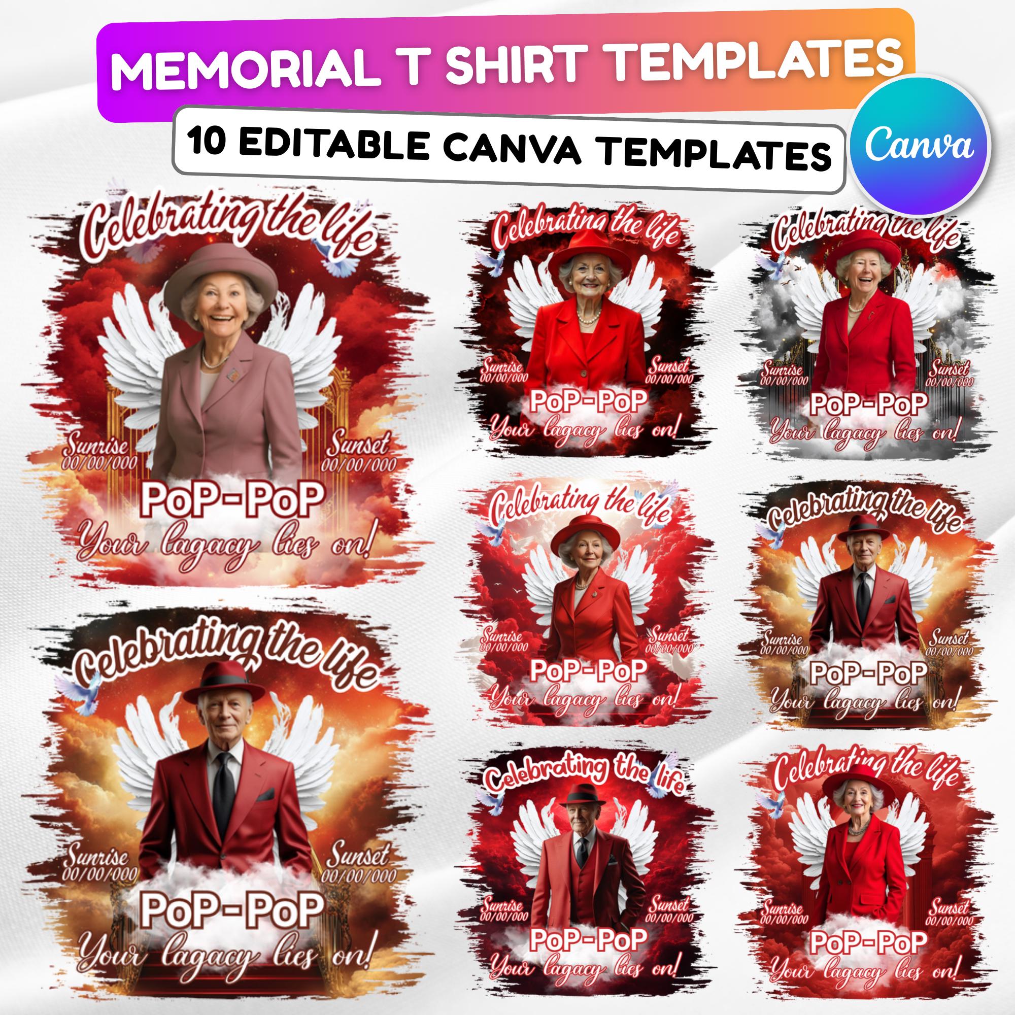 10 Red Celebrating Of Life Canva Editable T Shirt Templates, In Loving Memory Template, Rest in Peace, Memorial Template,Digital Download - Editable Memorial Canva Template