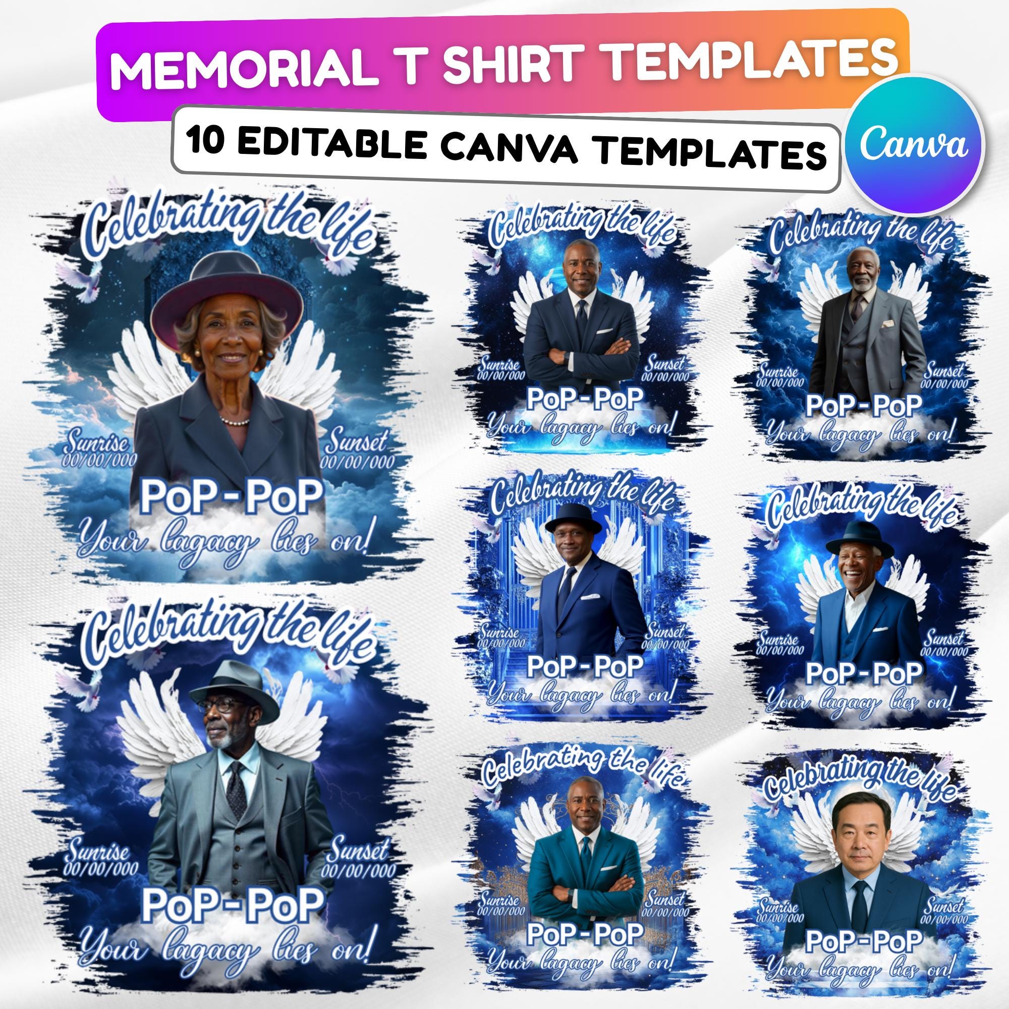 10 Blue Celebrating Of Life Canva Editable T Shirt Templates, In Loving Memory Template, Rest in Peace, Memorial Template,Digital Download - Editable Memorial Canva Template