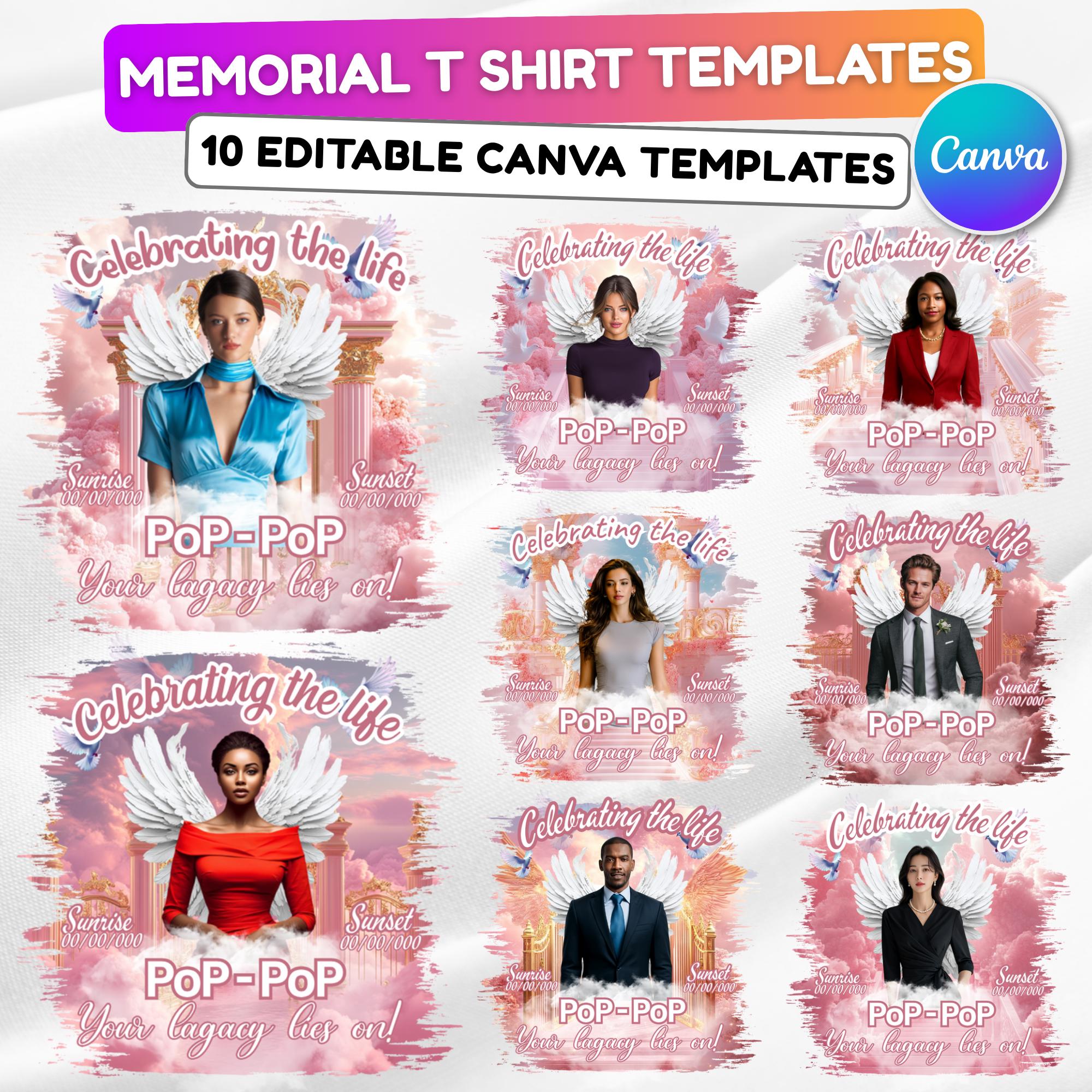 10 Pink Celebrating Of Life Canva Editable T Shirt Templates, In Loving Memory Template, Rest in Peace, Memorial Template,Digital Download - Editable Memorial Canva Template