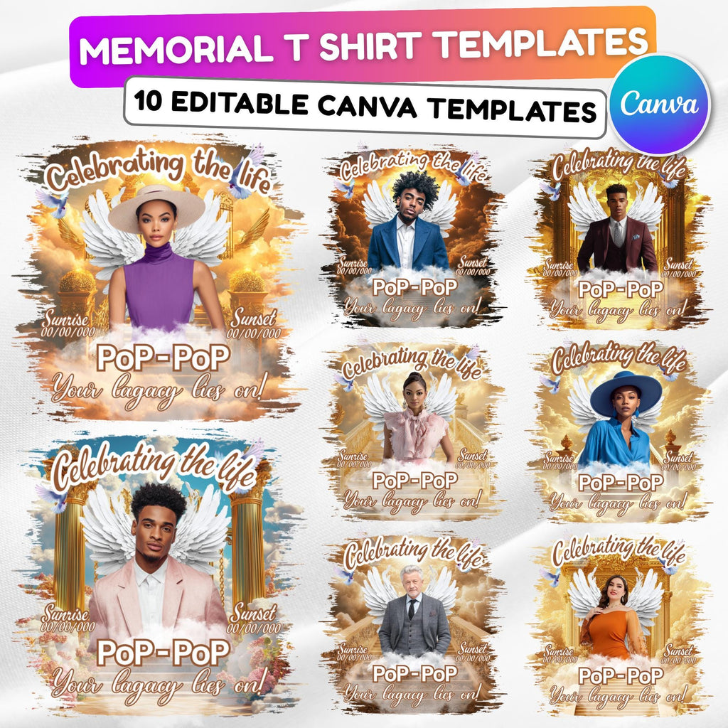 10 Golden Celebrating Of Life Canva Editable T Shirt Templates, In Loving Memory Template, Rest in Peace, Memorial Template,Digital Download - Editable Memorial Canva Template