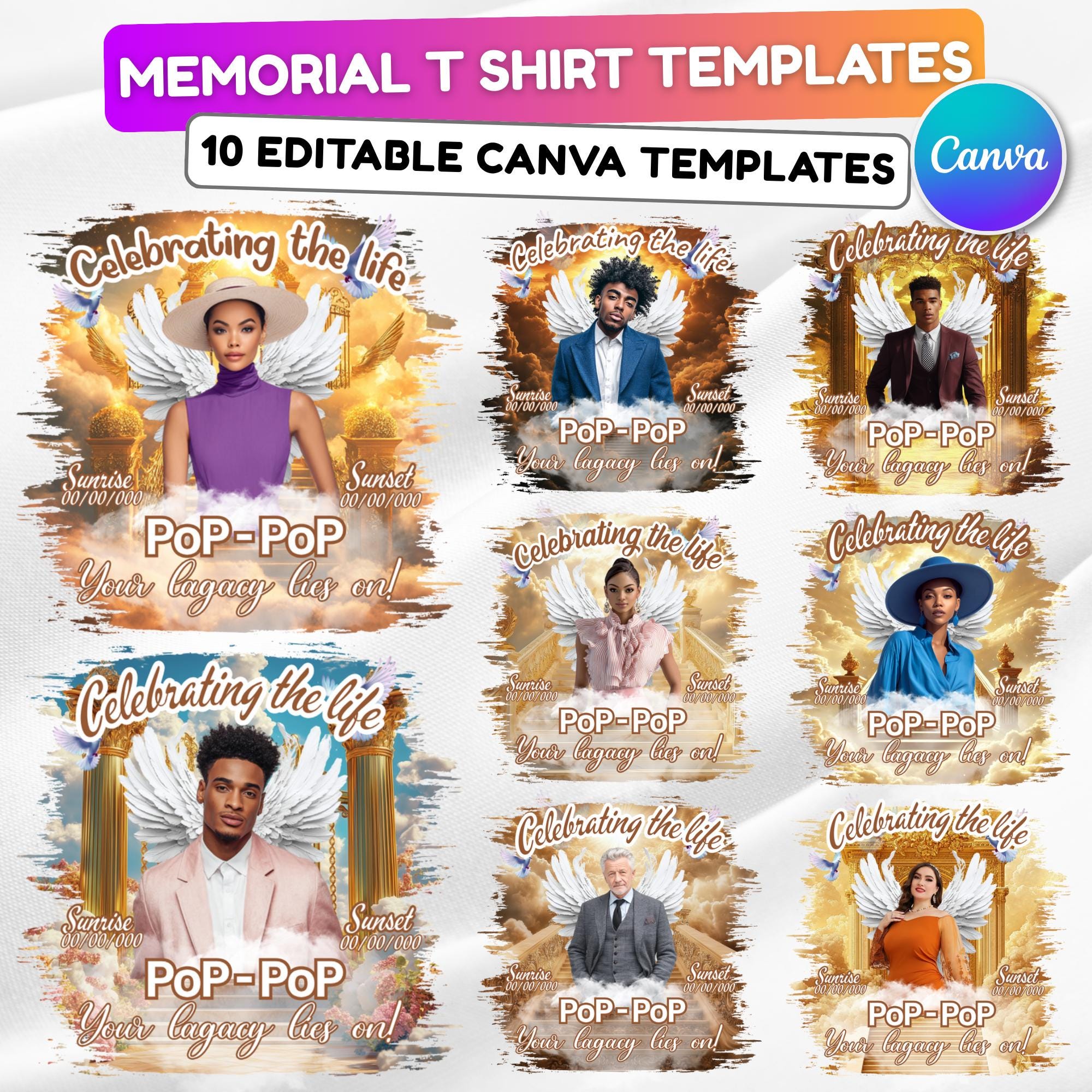 10 Golden Celebrating Of Life Canva Editable T Shirt Templates, In Loving Memory Template, Rest in Peace, Memorial Template,Digital Download - Editable Memorial Canva Template