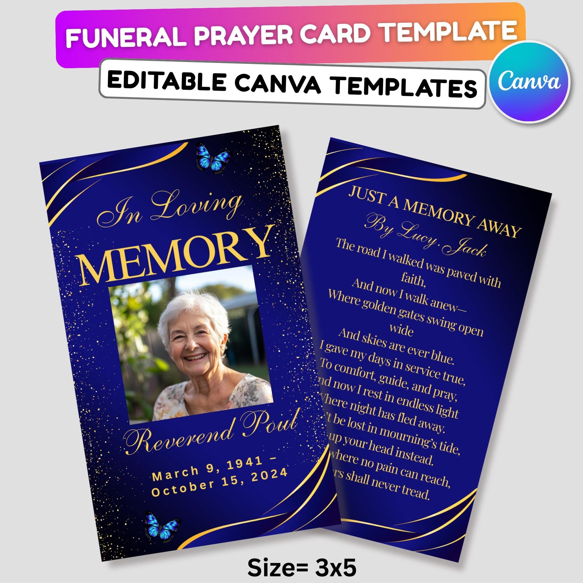 Funeral Prayer Card Canva Editable Template, In Loving Memory Template, Memorial Prayer Card, Printable Funeral Remembrance Card - Editable Memorial Canva Template