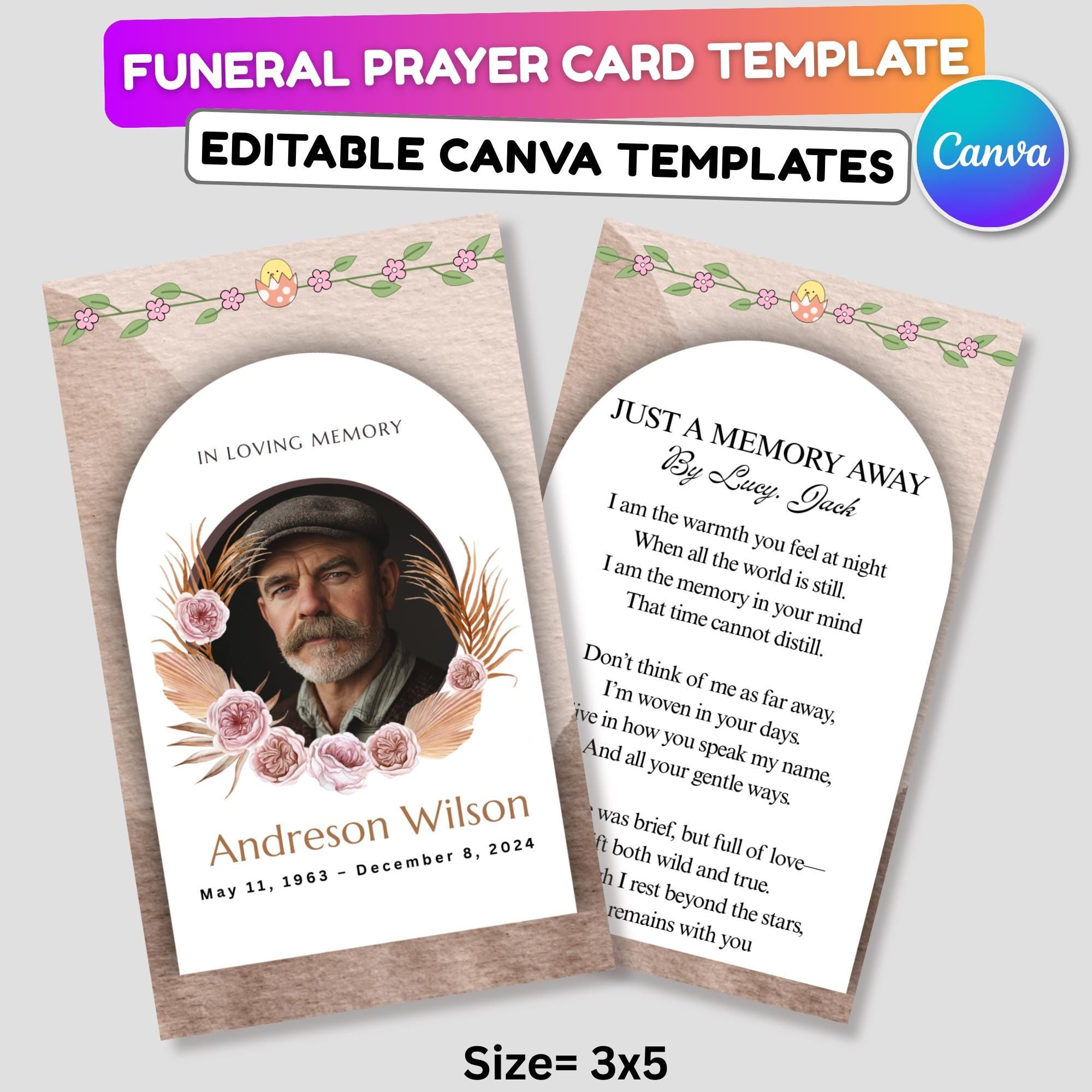 Funeral Prayer Card Canva Editable Template, In Loving Memory Template, Memorial Prayer Card, Printable Funeral Remembrance Card - Editable Memorial Canva Template