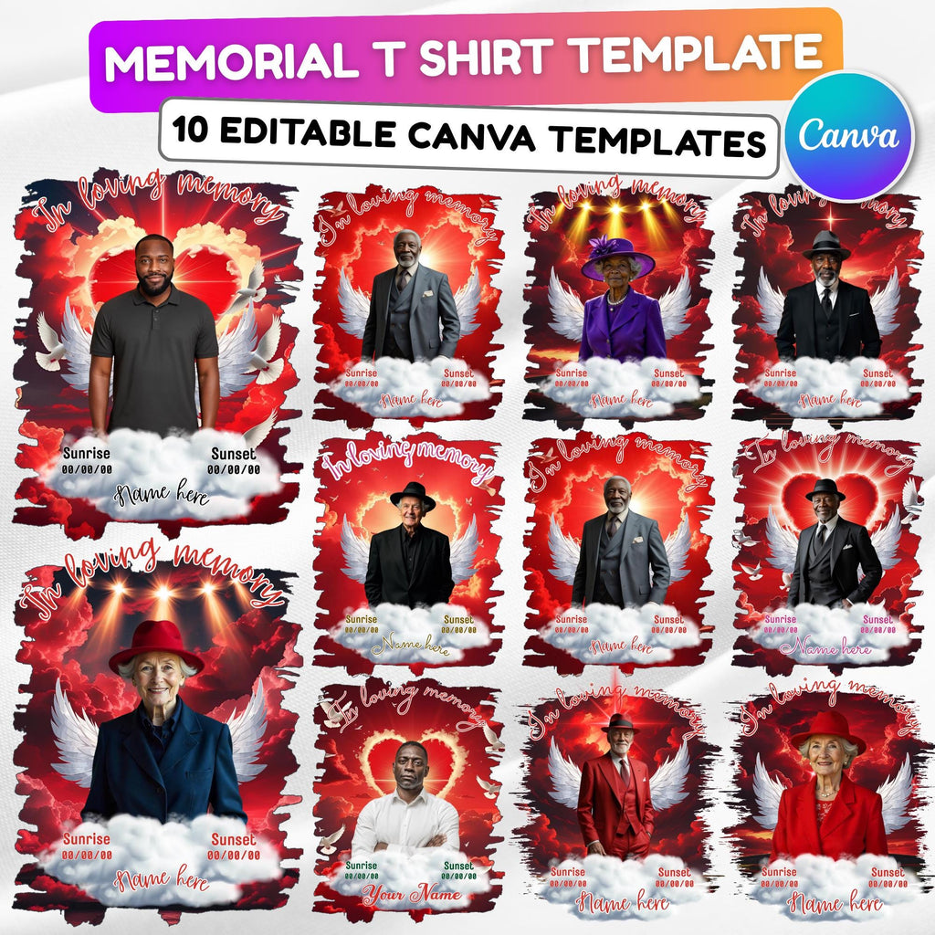 10 Memorial Red T Shirt Canva Editable Templates, In Loving Memory T Shirt Templates, Rest In Piece Template, Funeral & Celebration of Life - Editable Memorial Canva Template