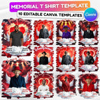 10 Memorial Red T Shirt Canva Editable Templates, In Loving Memory T Shirt Templates, Rest In Piece Template, Funeral & Celebration of Life - Editable Memorial Canva Template