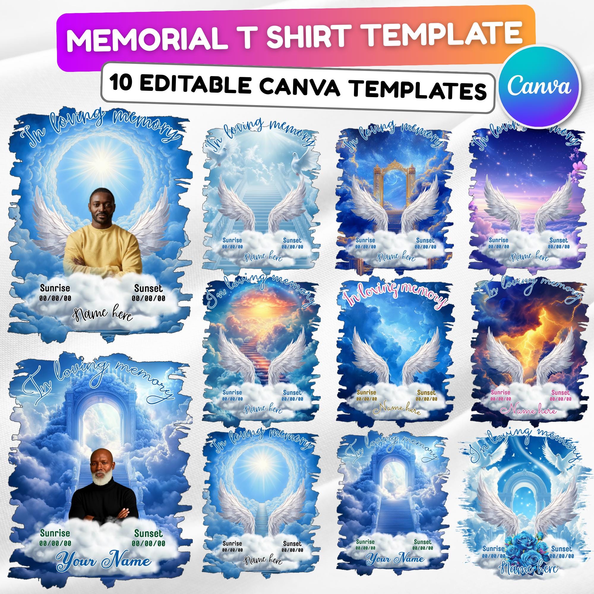 10 Memorial Blue T Shirt Canva Editable Templates, In Loving Memory T Shirt Templates, Rest In Piece Template, Funeral & Celebration of Life - Editable Memorial Canva Template