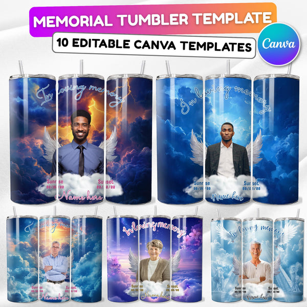 10 Blue Memorial Tumbler Canva Editable Template Bundle, Canva Editable Template, In Loving Memory Tumbler, Add your Own Photo Canva Tumbler - Editable Memorial Canva Template