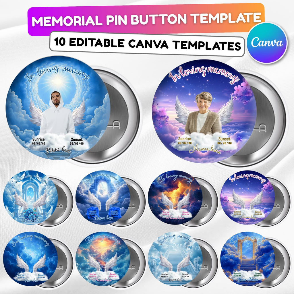 10 In Loving Memory Blue Pin Button Canva Editable Templates Bundle, Memorial Pin Button Template, Funeral Button Favors, Digital Download - Editable Memorial Canva Template