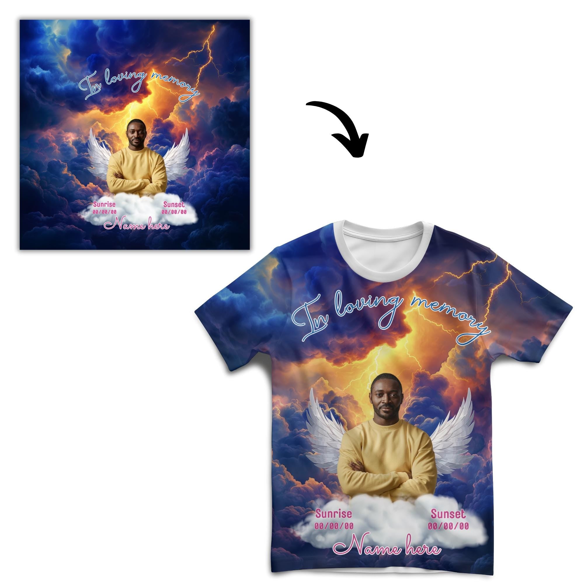10 Blue Memorial Editable All Over T Shirt Template, In Loving Memory All Over Shirt, Rest in Peace, Funeral Shirt, Perfect for Sublimation - Editable Memorial Canva Template