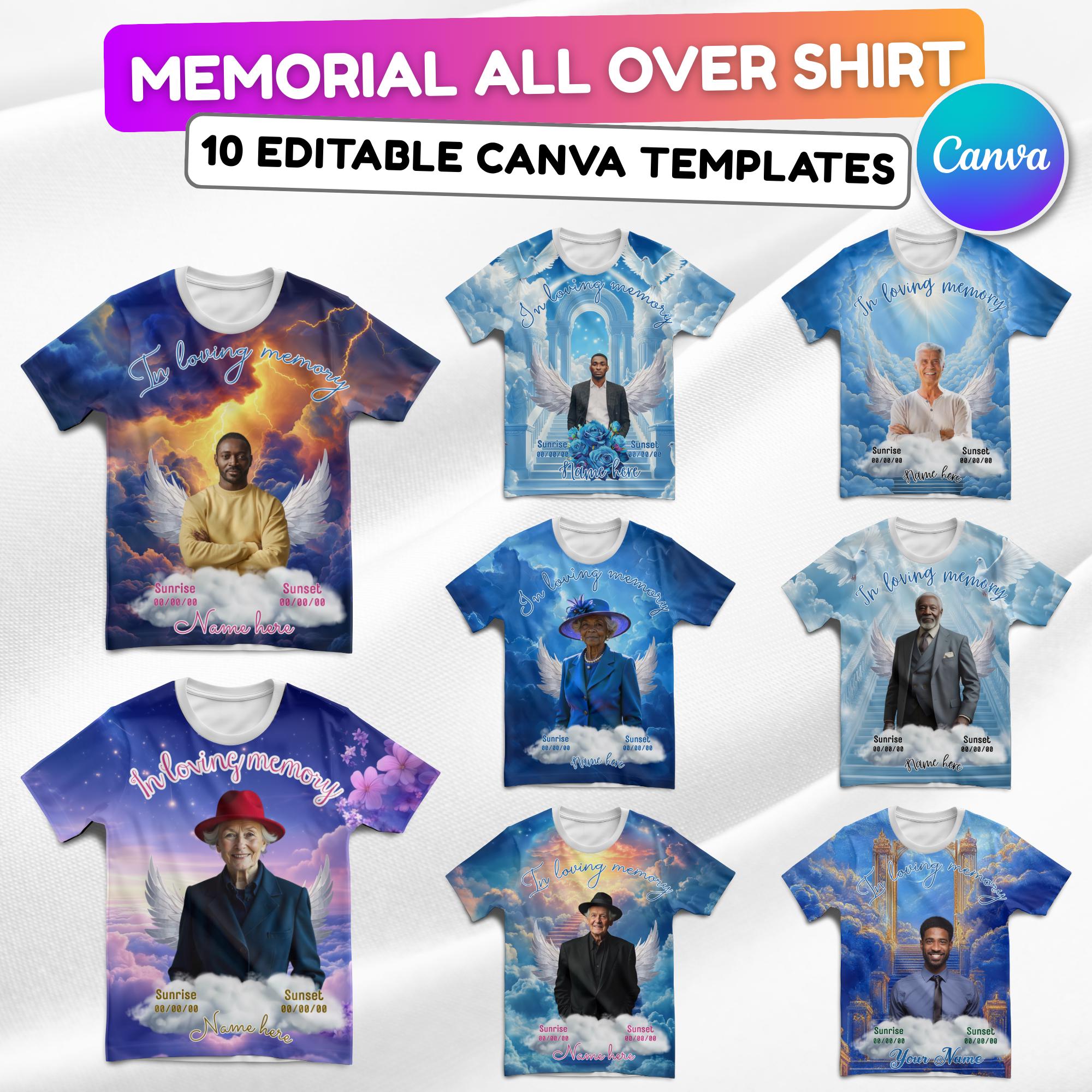 10 Blue Memorial Editable All Over T Shirt Template, In Loving Memory All Over Shirt, Rest in Peace, Funeral Shirt, Perfect for Sublimation - Editable Memorial Canva Template