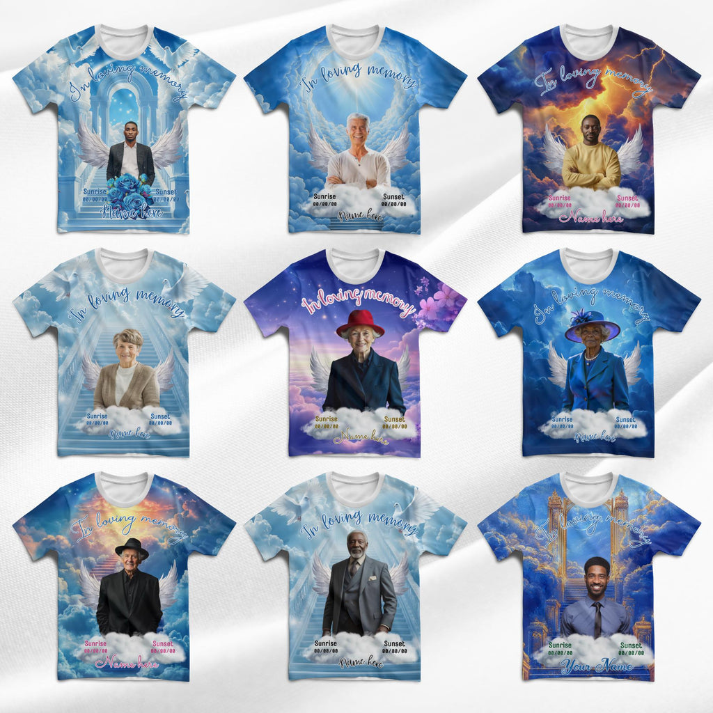 10 Blue Memorial Editable All Over T Shirt Template, In Loving Memory All Over Shirt, Rest in Peace, Funeral Shirt, Perfect for Sublimation - Editable Memorial Canva Template