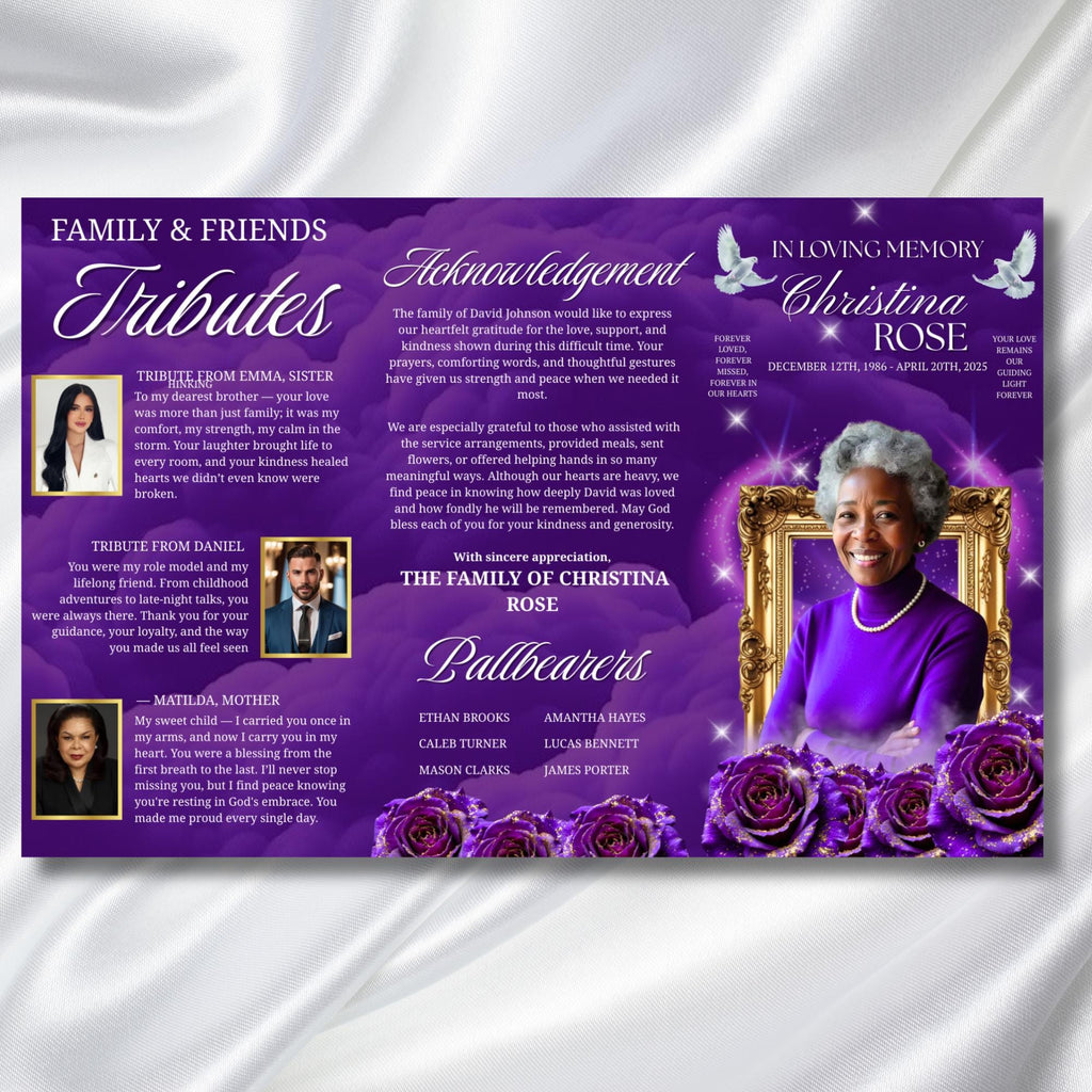 Trifold Purple Rose Gold Frame Funeral Program Template, Celebration of Life Obituary Program, Memorial Program, In Loving Memory, Editable - Editable Memorial Canva Template