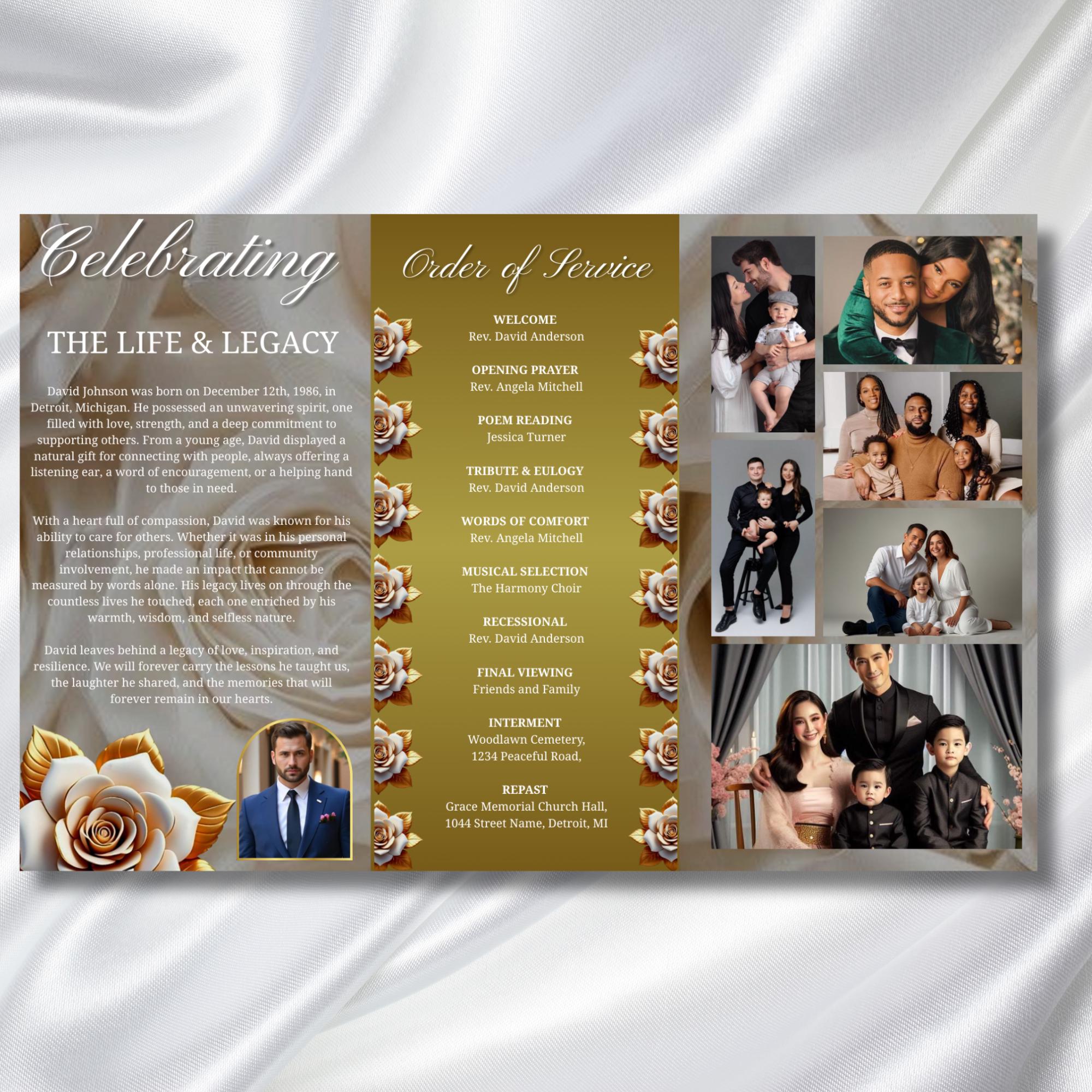 Trifold White Rose Glitter Frame Funeral Program Template, Celebration of Life Obituary Program, Memorial Program, In Loving Memory Template - Editable Memorial Canva Template