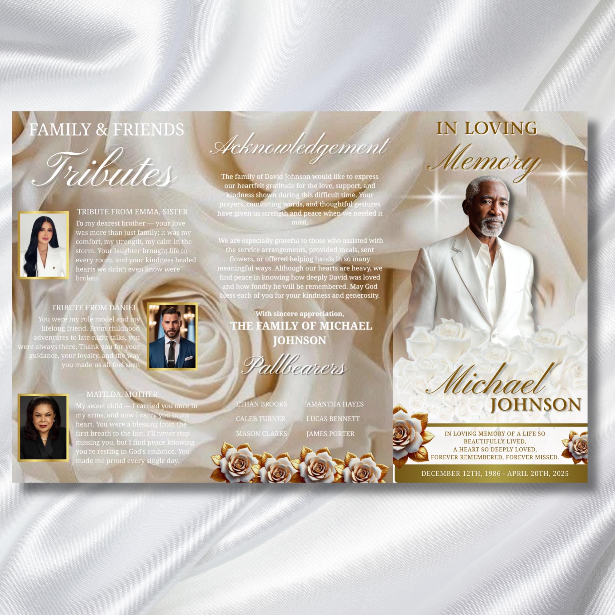Trifold White Rose Glitter Frame Funeral Program Template, Celebration of Life Obituary Program, Memorial Program, In Loving Memory Template - Editable Memorial Canva Template