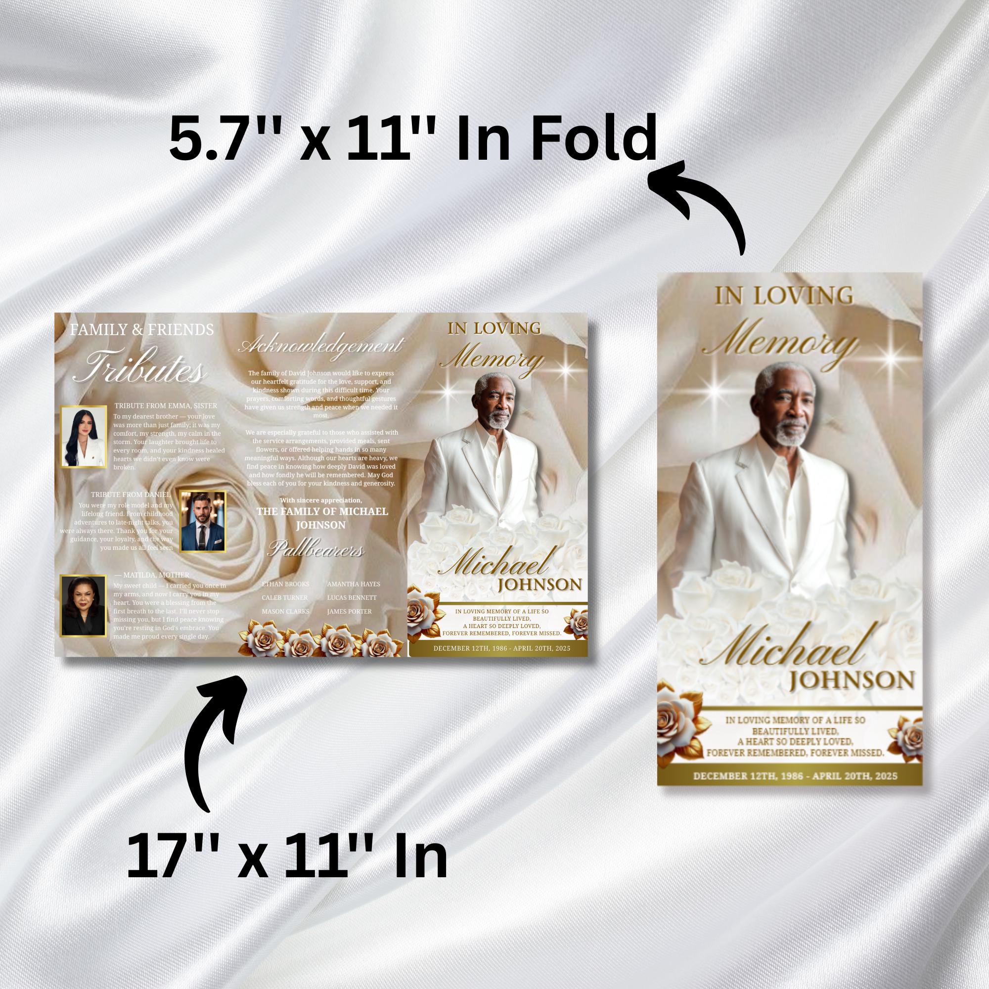 Trifold White Rose Glitter Frame Funeral Program Template, Celebration of Life Obituary Program, Memorial Program, In Loving Memory Template - Editable Memorial Canva Template