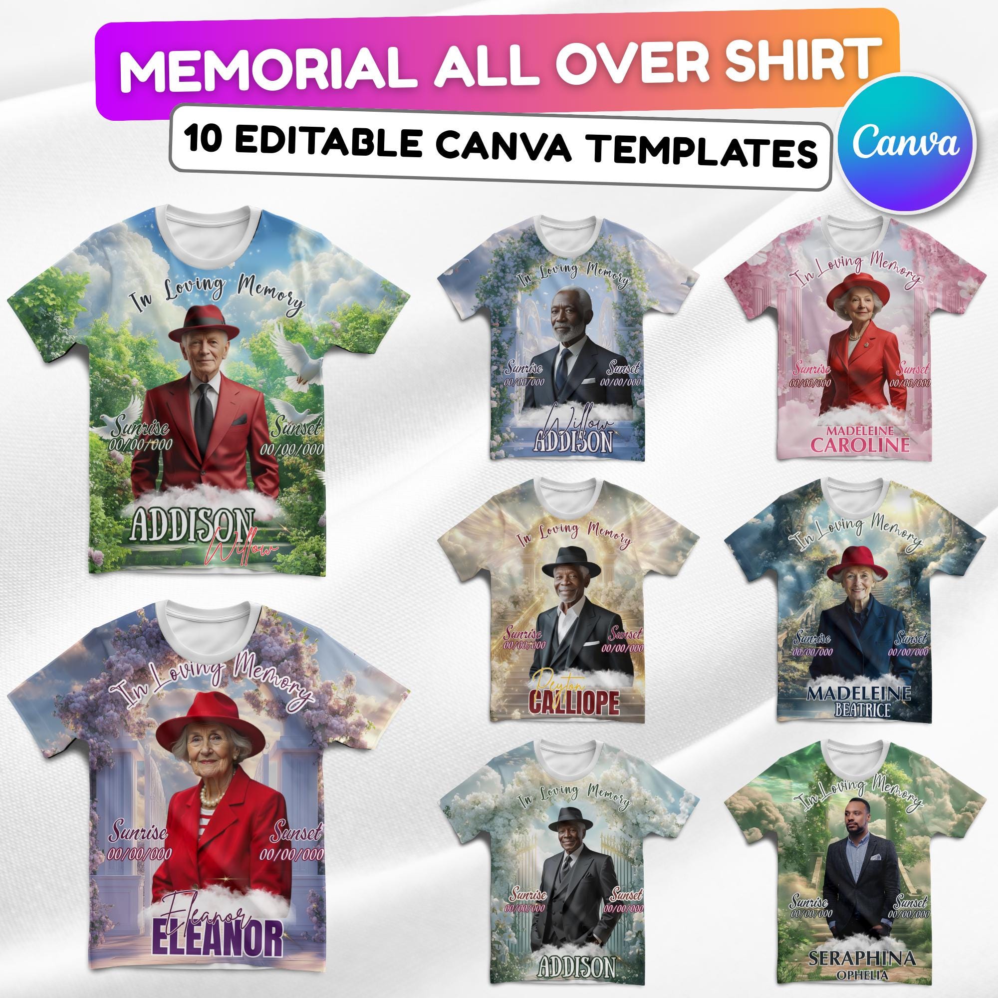 10 In Loving Memory Canva Editable All Over T Shirt Templates, Memorial Shirt Bundle, Rest in Peace, Funeral Shirt, Perfect for Sublimation - Editable Memorial Canva Template