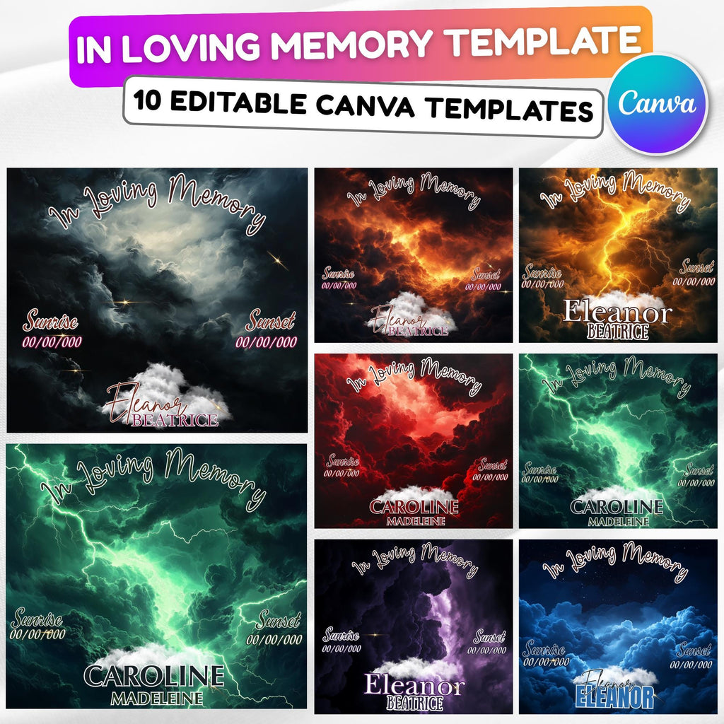 10 In Loving Memory Canva Editable Templates, Memorial Editable Template, Funeral & Memorial Designs, Memorial Backgrounds, Rest In Peace - Editable Memorial Canva Template