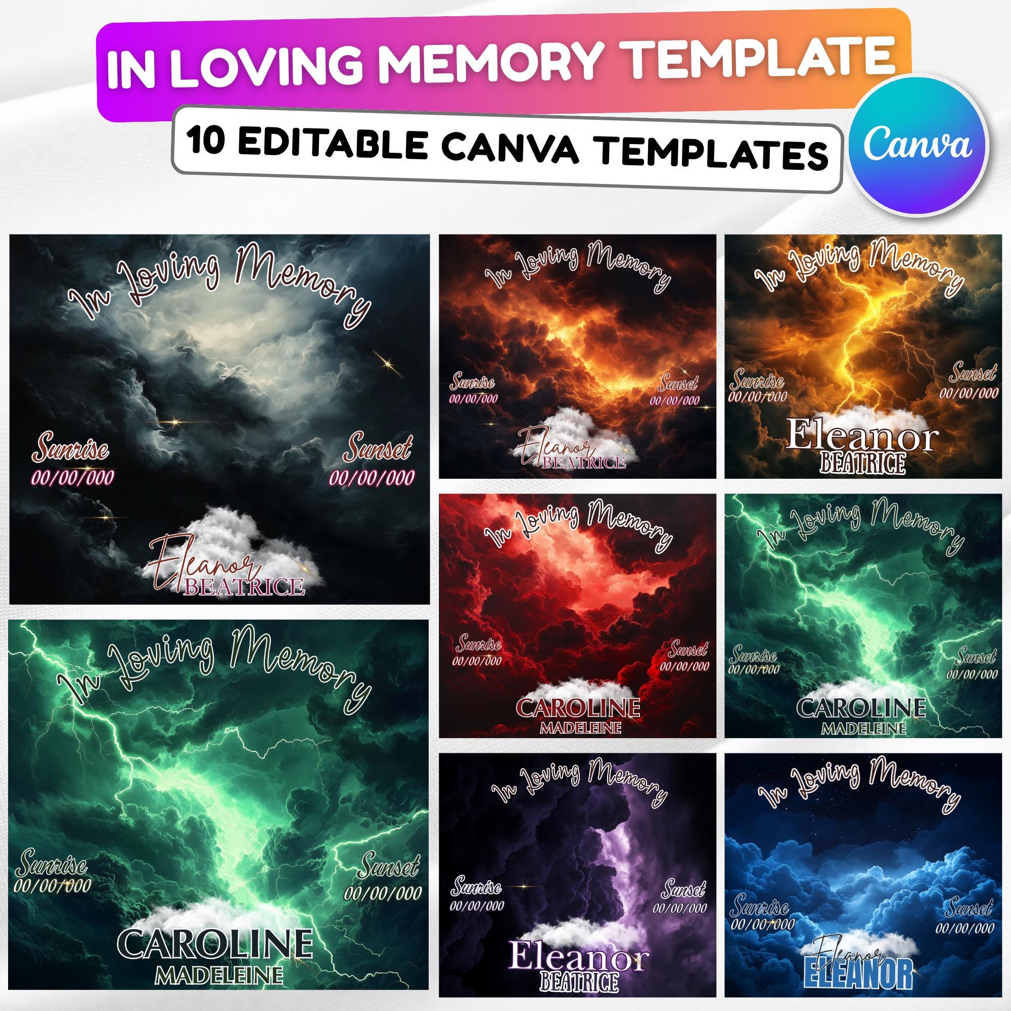 10 In Loving Memory Canva Editable Templates, Memorial Editable Template, Funeral & Memorial Designs, Memorial Backgrounds, Rest In Peace - Editable Memorial Canva Template