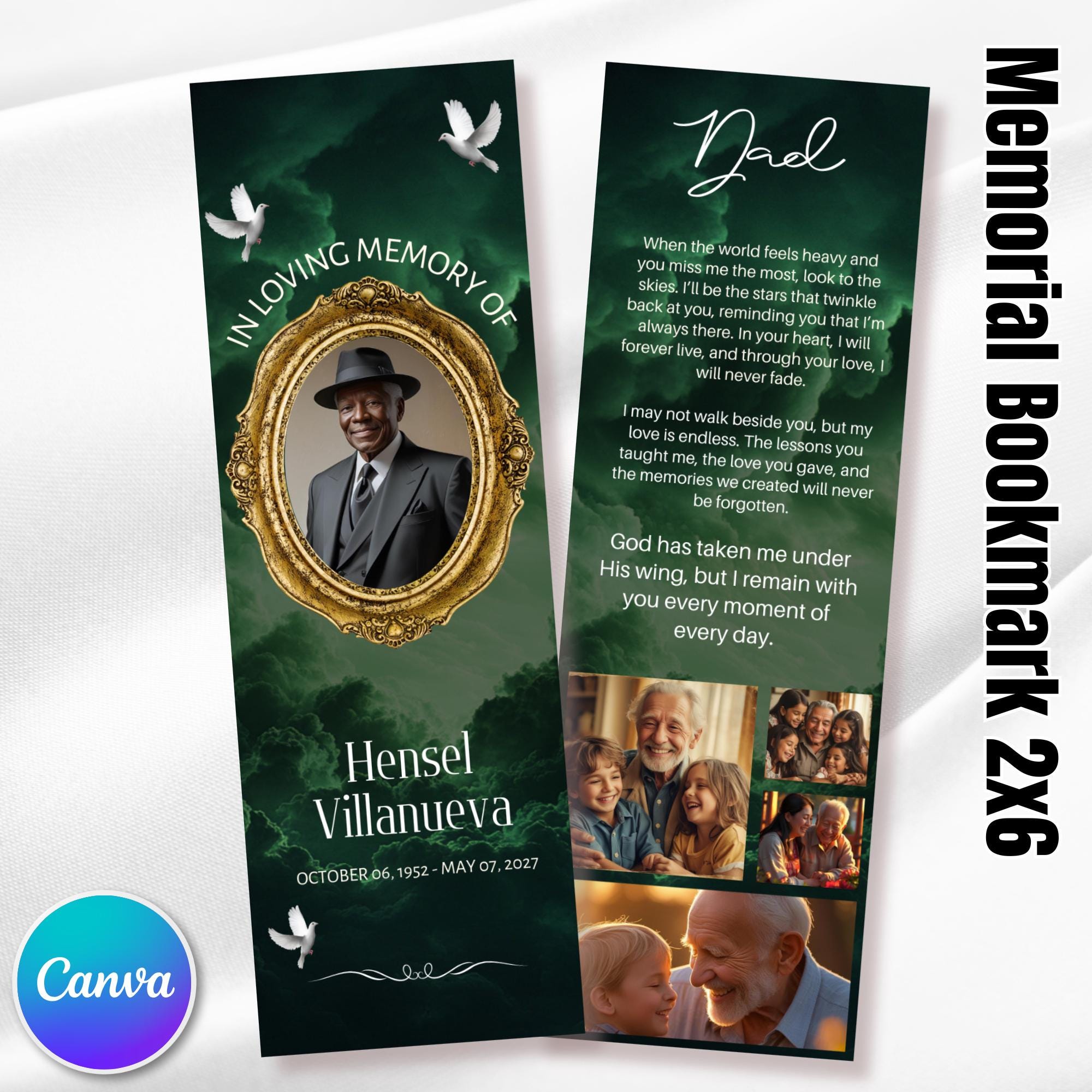 In Loving Memory Green Bookmark Canva Editable Template, Memorial Bookmark Template, Rest in Piece Bookmark Design,Funeral memorial Template - Editable Memorial Canva Template