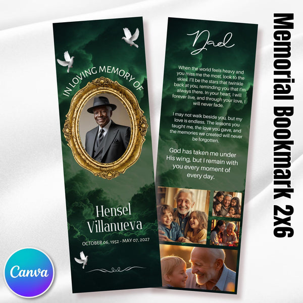 In Loving Memory Green Bookmark Canva Editable Template, Memorial Bookmark Template, Rest in Piece Bookmark Design,Funeral memorial Template - Editable Memorial Canva Template