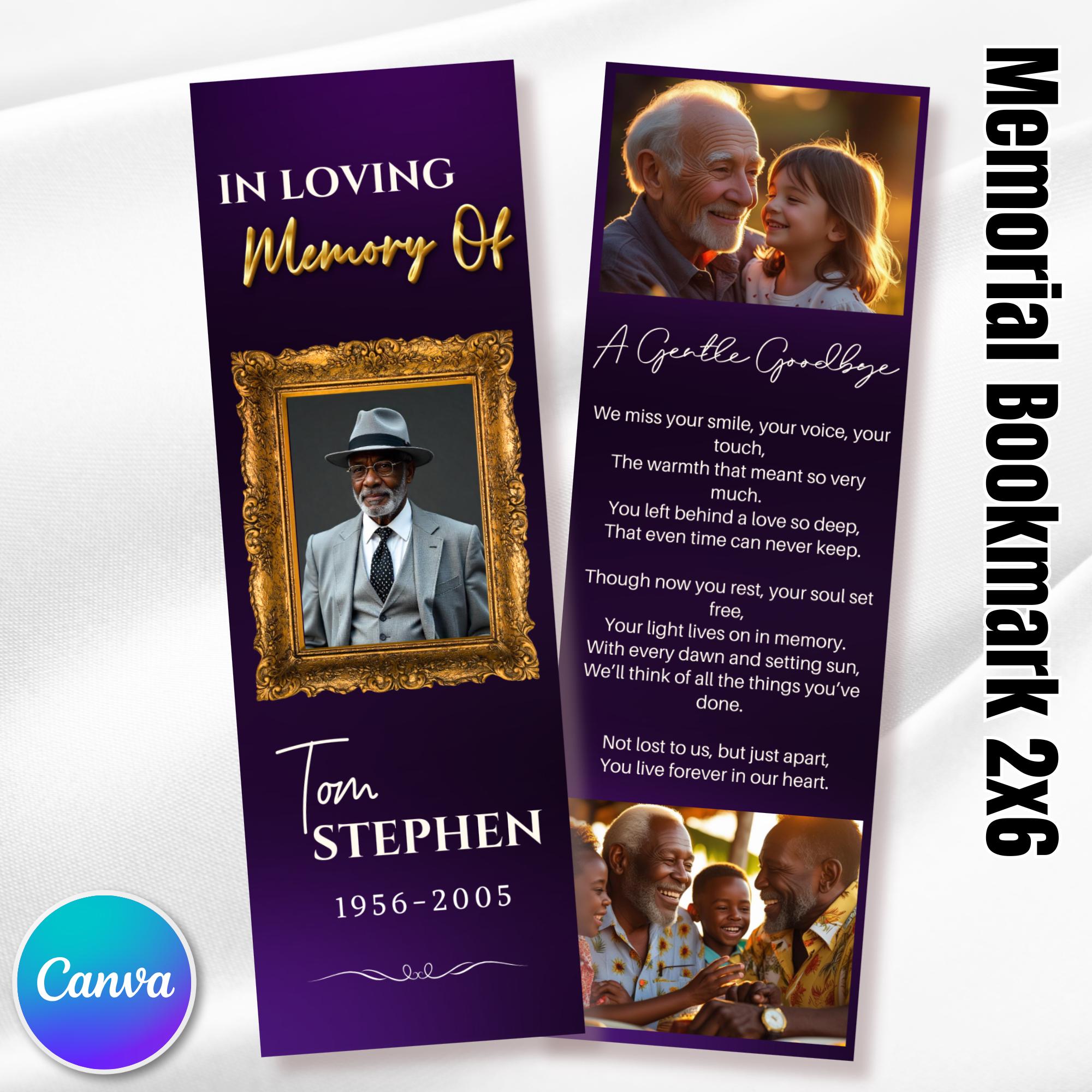 In Loving Memory Purple Bookmark Canva Editable Template, Memorial Bookmark Template, Rest in Piece Bookmark, Funeral memorial Template - Editable Memorial Canva Template