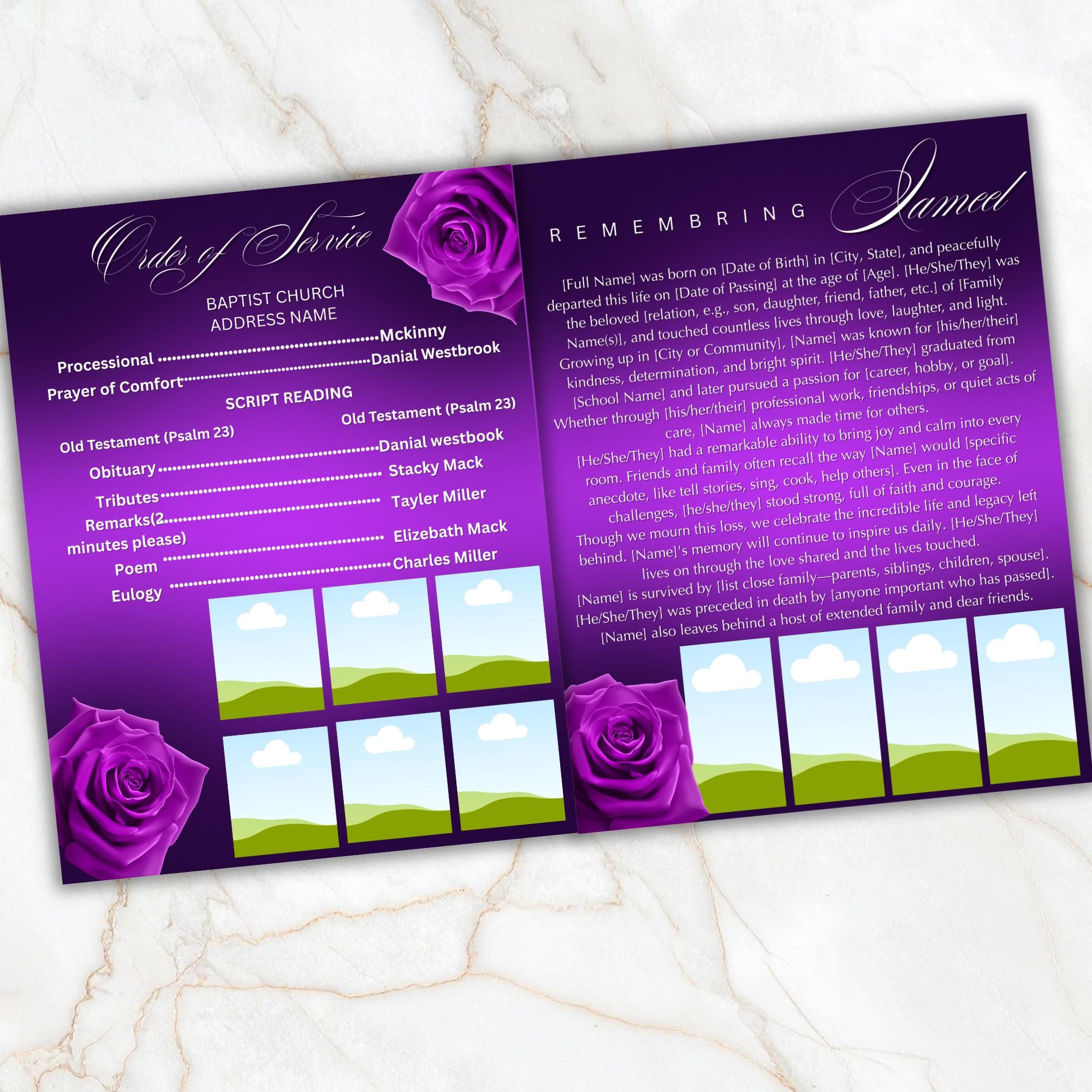 04 Pages Purple Funeral Program Template, Bi-Fold Funeral Program, Obituary Celebration Of Life Program, Digital Download - Editable Memorial Canva Template