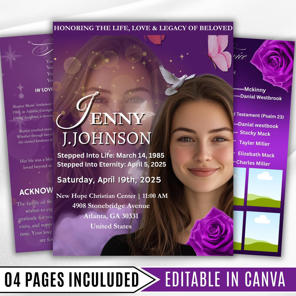 04 Pages Purple Funeral Program Template, Bi-Fold Funeral Program, Obituary Celebration Of Life Program, Digital Download - Editable Memorial Canva Template