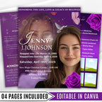 04 Pages Purple Funeral Program Template, Bi-Fold Funeral Program, Obituary Celebration Of Life Program, Digital Download - Editable Memorial Canva Template