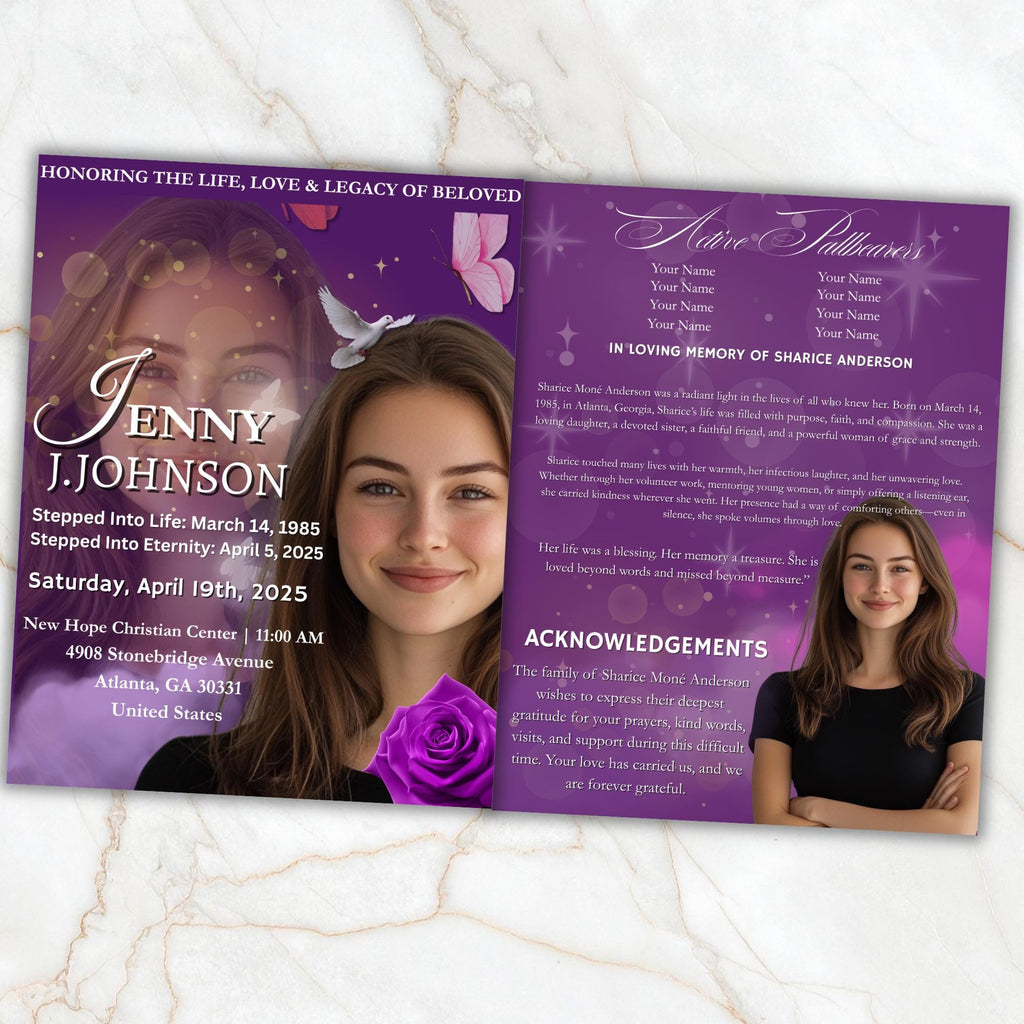 04 Pages Purple Funeral Program Template, Bi-Fold Funeral Program, Obituary Celebration Of Life Program, Digital Download - Editable Memorial Canva Template