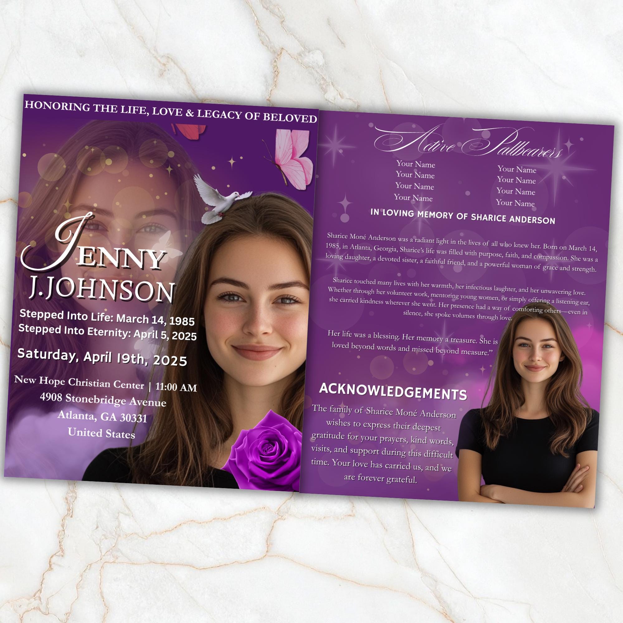04 Pages Purple Funeral Program Template, Bi-Fold Funeral Program, Obituary Celebration Of Life Program, Digital Download - Editable Memorial Canva Template