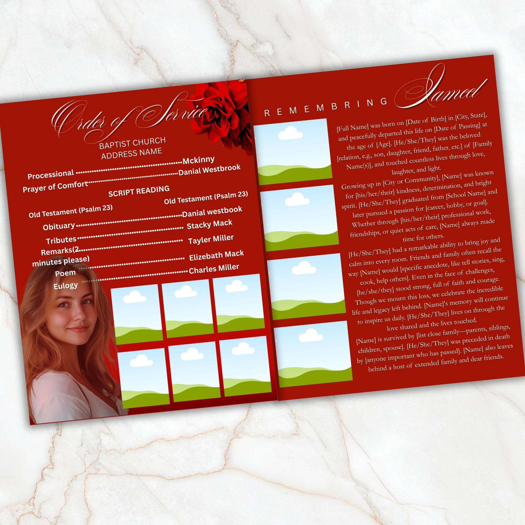 04 Pages Red Funeral Program Template, Bi-Fold Funeral Program, Obituary Celebration Of Life Program, Digital Download - Editable Memorial Canva Template