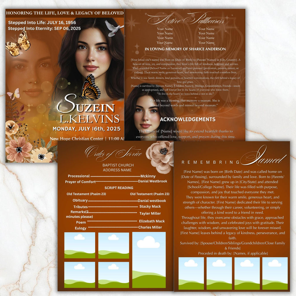 04 Pages Funeral Program Template, Bi-Fold Funeral Program, Obituary Celebration Of Life Program, Memorial Canva Template, Digital Download - Editable Memorial Canva Template