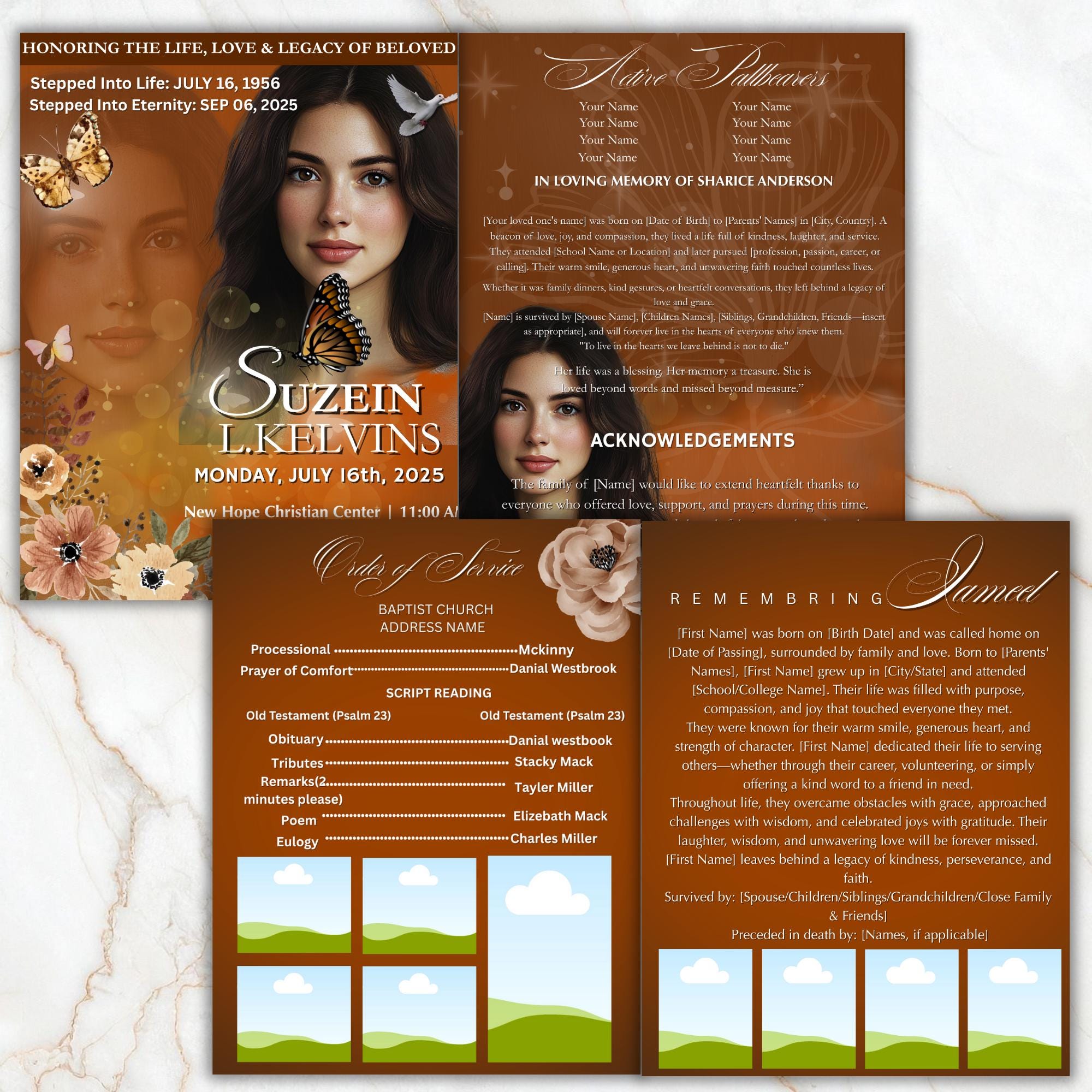 04 Pages Funeral Program Template, Bi-Fold Funeral Program, Obituary Celebration Of Life Program, Memorial Canva Template, Digital Download - Editable Memorial Canva Template