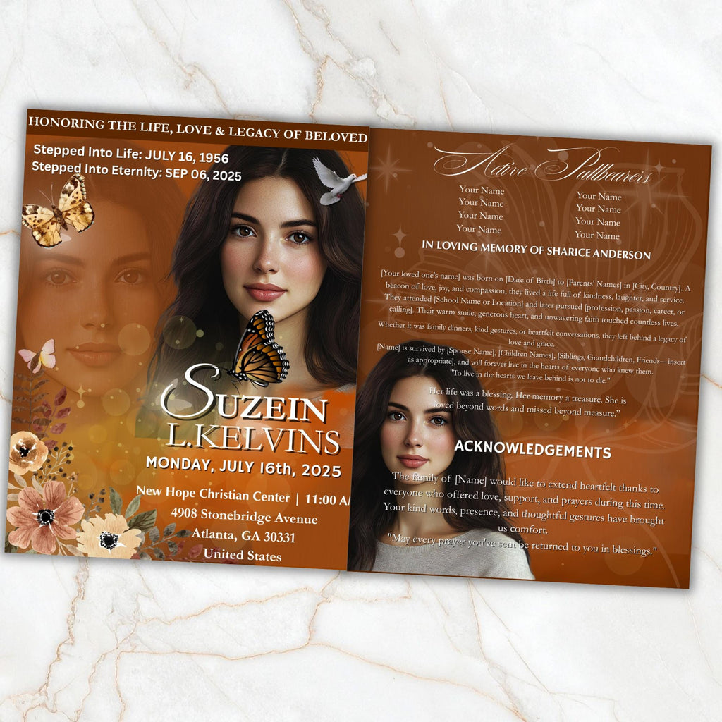 04 Pages Funeral Program Template, Bi-Fold Funeral Program, Obituary Celebration Of Life Program, Memorial Canva Template, Digital Download - Editable Memorial Canva Template
