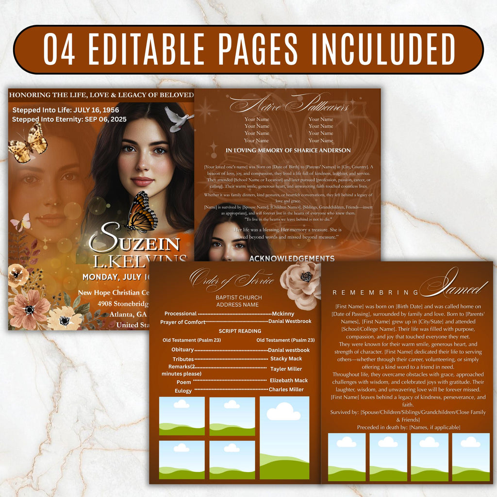 04 Pages Funeral Program Template, Bi-Fold Funeral Program, Obituary Celebration Of Life Program, Memorial Canva Template, Digital Download - Editable Memorial Canva Template