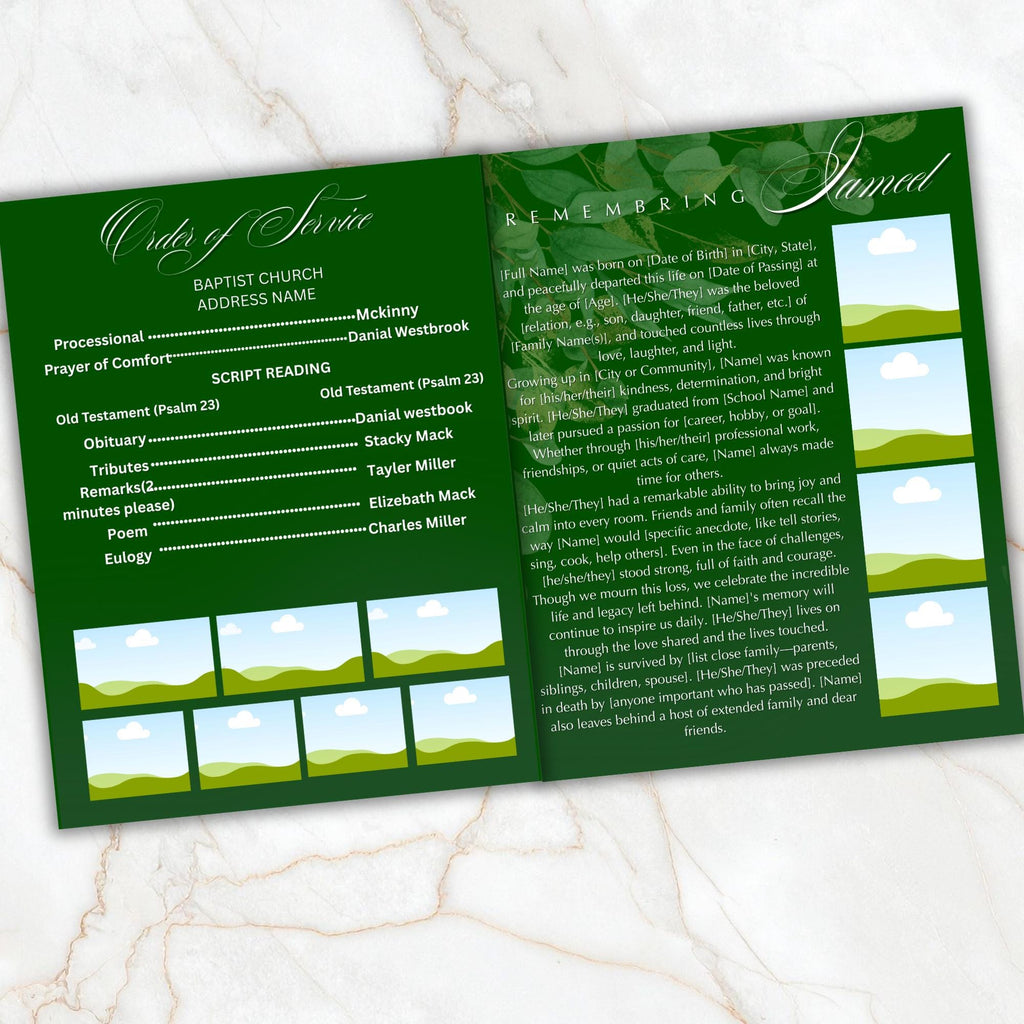04 Pages Green Funeral Program Template, Bi-Fold Funeral Program, Obituary Celebration Of Life Program, Digital Download - Editable Memorial Canva Template