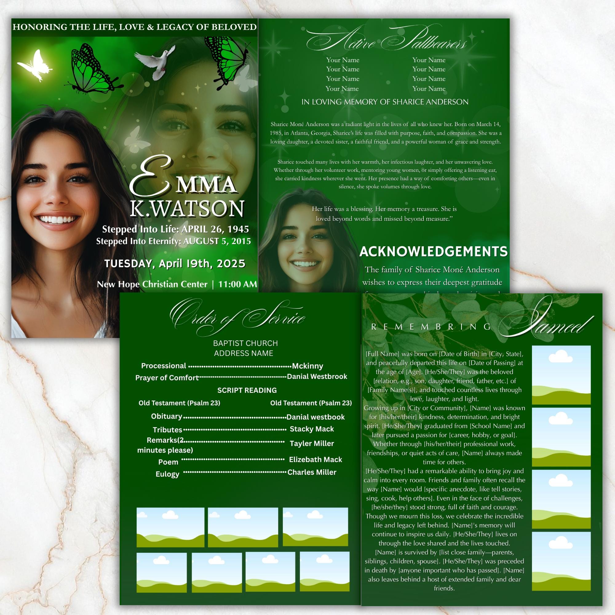 04 Pages Green Funeral Program Template, Bi-Fold Funeral Program, Obituary Celebration Of Life Program, Digital Download - Editable Memorial Canva Template