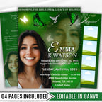 04 Pages Green Funeral Program Template, Bi-Fold Funeral Program, Obituary Celebration Of Life Program, Digital Download - Editable Memorial Canva Template