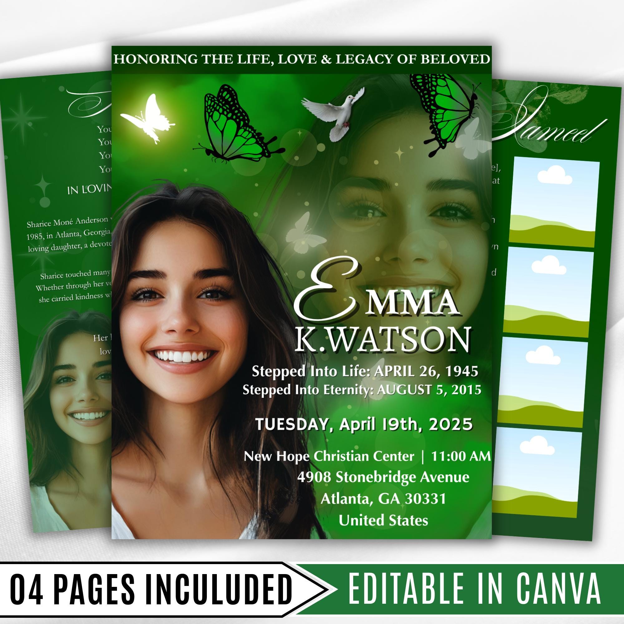 04 Pages Green Funeral Program Template, Bi-Fold Funeral Program, Obituary Celebration Of Life Program, Digital Download - Editable Memorial Canva Template