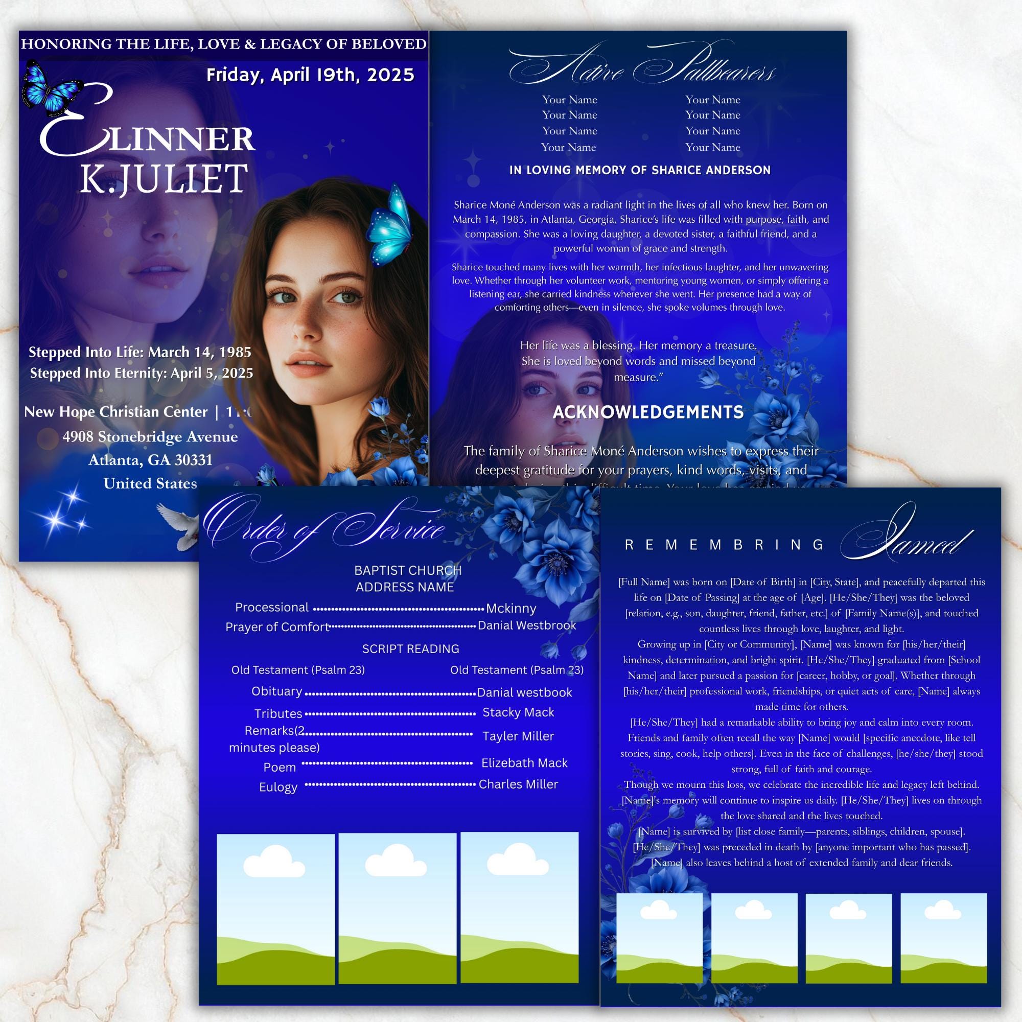 04 Pages Blue Funeral Program Template, Bi-Fold Funeral Program, Obituary Celebration Of Life Program, Memorial Template, Digital Download - Editable Memorial Canva Template
