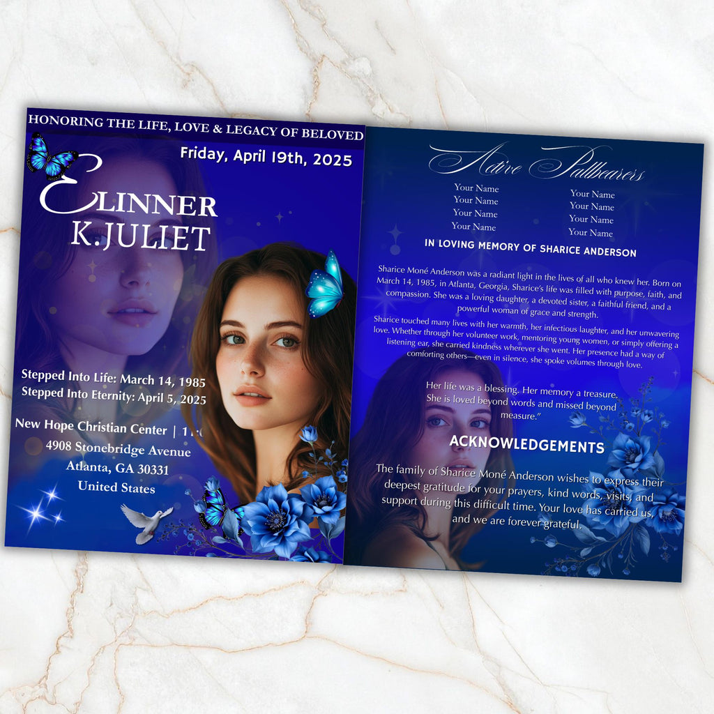 04 Pages Blue Funeral Program Template, Bi-Fold Funeral Program, Obituary Celebration Of Life Program, Memorial Template, Digital Download - Editable Memorial Canva Template