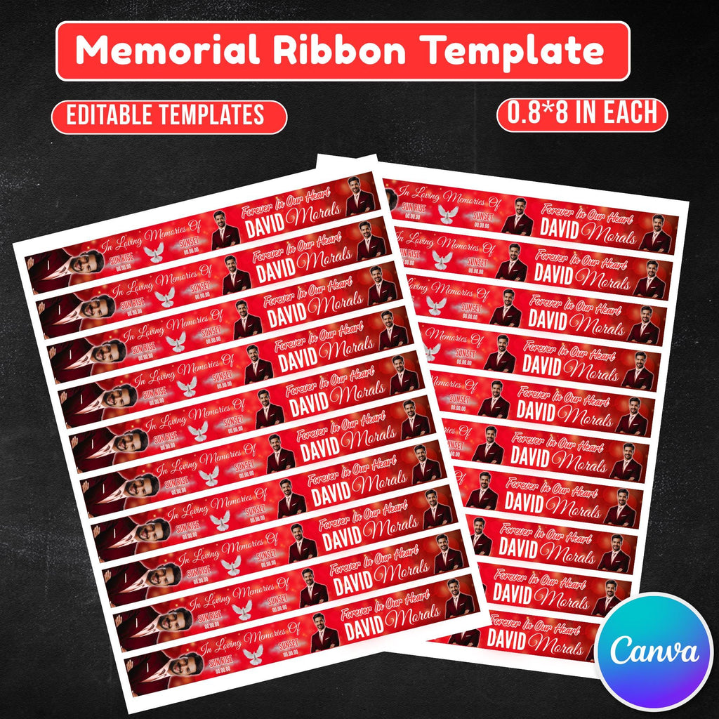 In Loving Memory Red Ribbon Canva Editable Template, Rest in Piece Ribbon Design, Funeral memorial Template, Memorial Ribbon Template - Editable Memorial Canva Template