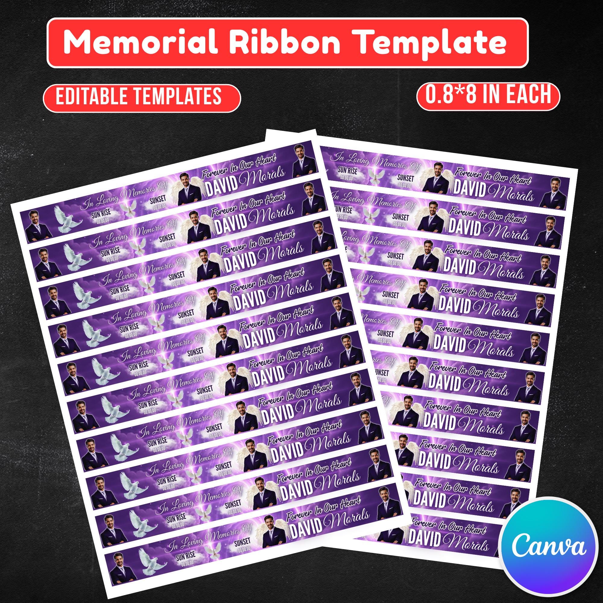 In Loving Memory Purple Ribbon Canva Editable Template, Rest in Piece Ribbon Design, Funeral memorial Template, Memorial Ribbon Template - Editable Memorial Canva Template