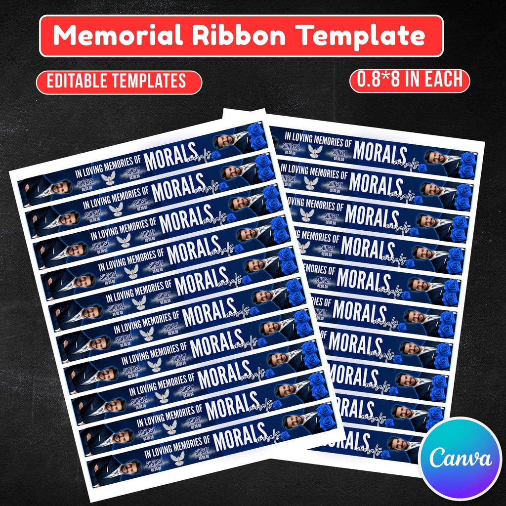 In Loving Memory Blue Ribbon Canva Editable Template, Rest in Piece Ribbon Design, Funeral memorial Template, Memorial Ribbon Template - Editable Memorial Canva Template